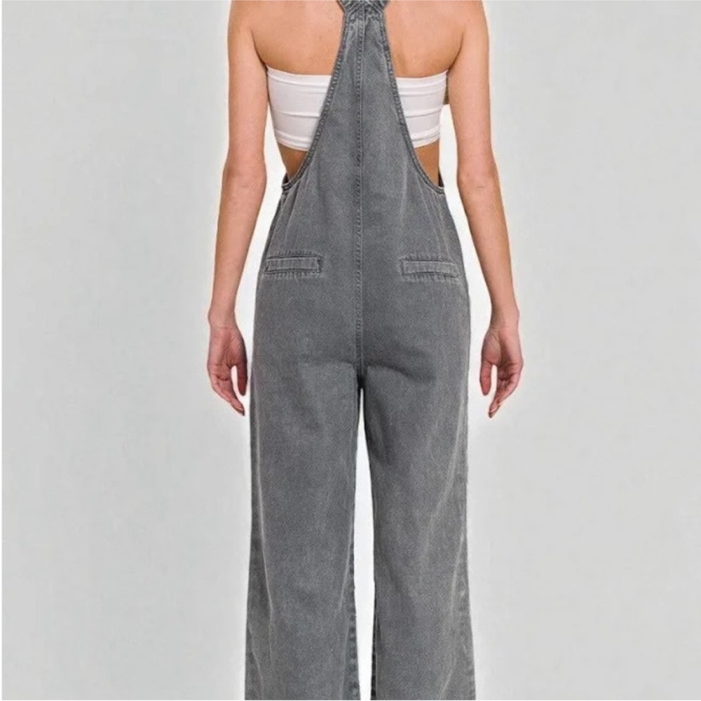 Zenana Ash Black or Light Pink Wide Leg Denim Jumpsuit Overalls Size L - Picture 3 of 3